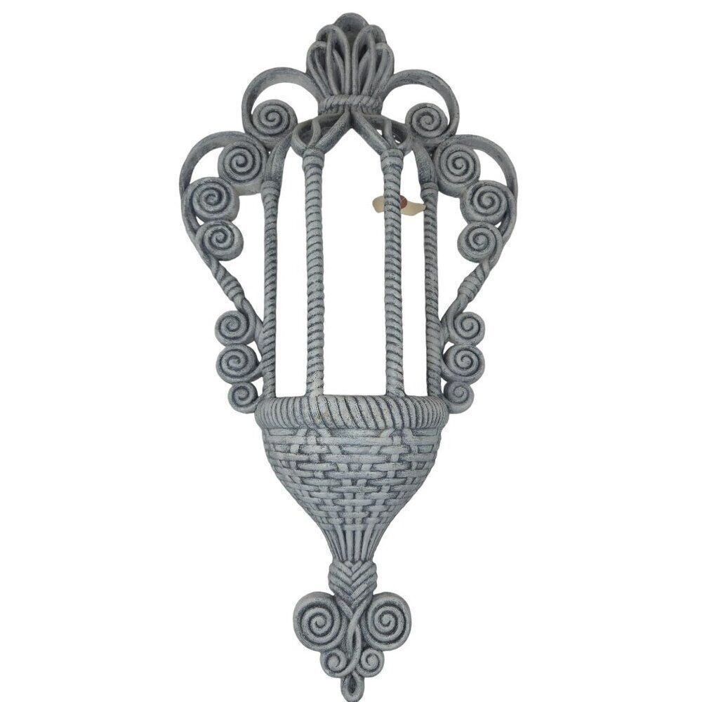 Vintage 70s Burwood Products Faux Wicker Hanging Wall Planter Gray